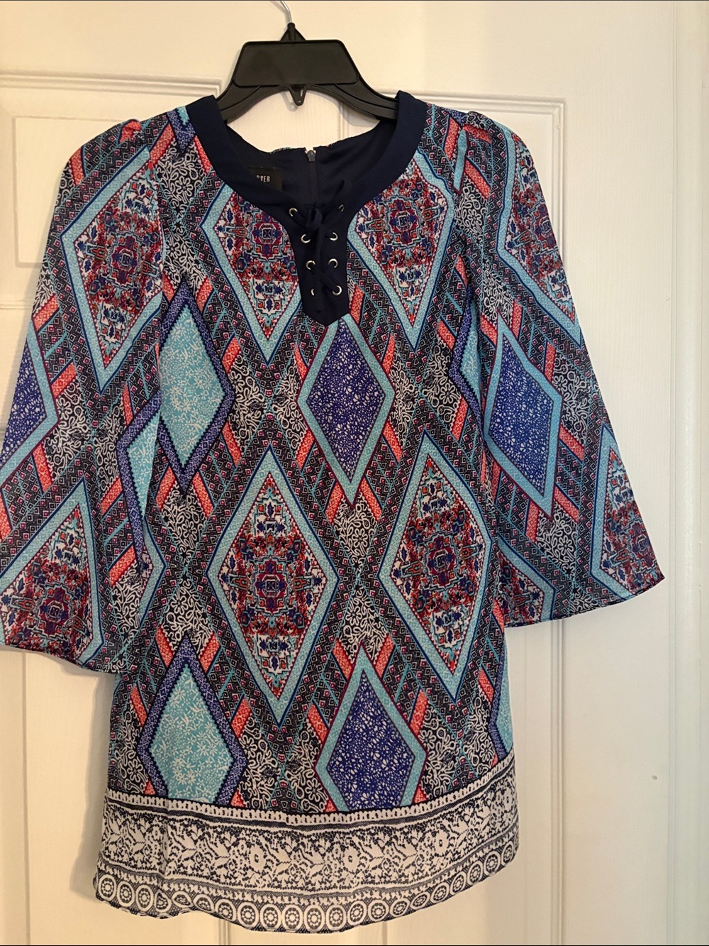 Boho Diamond Print Lace-Up Girl’s Dress